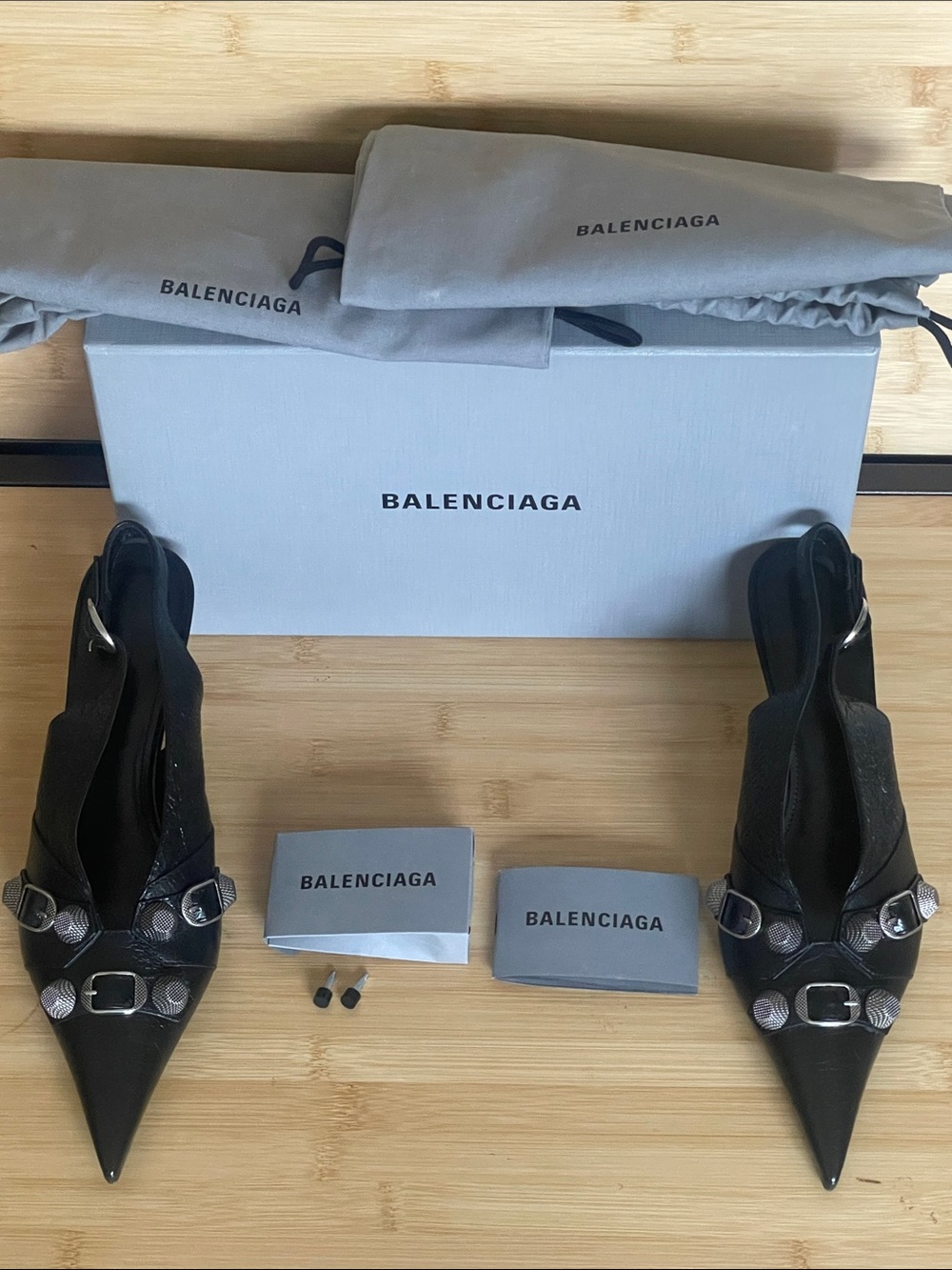 Balenciaga Black Pointed Slingback Heels with Silver Buckle Accents - Picture 10 of 13